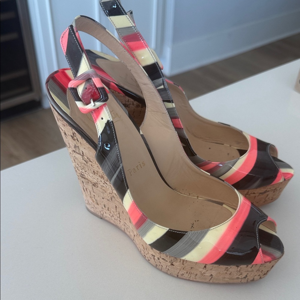 Christian Louboutin Coral and Cream Wedge Sandals